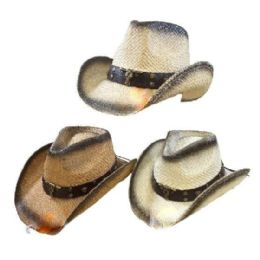 12 pieces Classic Woven Cowboy Hat With Black Shading And Metal Cow Centerpiece - Cowboy & Boonie Hat