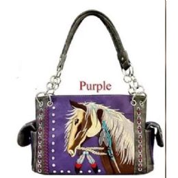 12 pieces Western Horse Embroidery Concealed Carry Purse - Purple - Leather Purses and Handbags