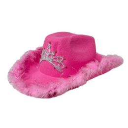 12 pieces Ladies Felt Cowboy Hats With Tiara And Feather Edges - Pink - Party Hats & Tiara