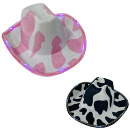 12 pieces LighT-Up Cow Print Felt Cowboy Hats - Black & Pink - Cowboy & Boonie Hat