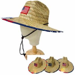 12 pieces Lifeguard Straw Sun Hats - American Flag Patch - Sun Hats