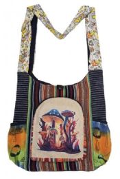 5 Pieces Nepal Handmade Cotton/hemp Sling Bags With Side Pocket - Colorful Mushroom Theme - Draw String & Sling Packs