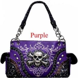 12 pieces Rhinestone Skull Satchel Purse With Gun Pocket Purple - Leather Purses and Handbags