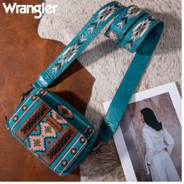 4 Pieces Wrangler Aztec Printed Crossbody Purse With Wallet Turquoise - Draw String & Sling Packs