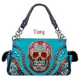 12 pieces Western Skull Embroidery Purse - Turquoise - Leather Purses and Handbags