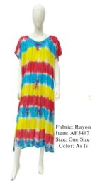 12 pieces of Rayon Crepe Long Tie Dye Dresses With V-Neck - Red/yellow/blue