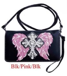12 pieces Rhinestone Winged Cross Western Purse - Pink & Black - Leather Purses and Handbags