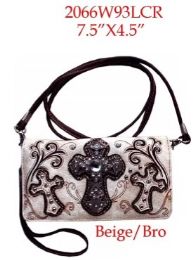 12 pieces Western Style Rhinestone Cross Embroidery Floral Wallet Purse - Beige - Leather Wallets