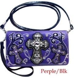 12 pieces Western Style Rhinestone Cross Embroidery Floral Wallet Purse - Purple - Leather Wallets