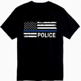 12 pieces Thin Blue Line Usa Flag "police" T-Shirts - Black M/l/xl - Patriotic Tees