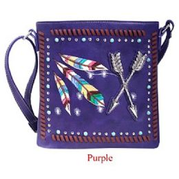 12 pieces Embroidered Sling Purse With Feathers And Arrows - Purple - Leather Purses and Handbags