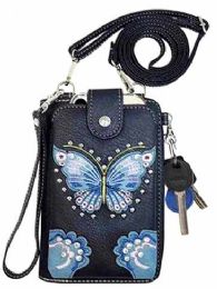 12 pieces Blue Butterfly Phone Wallet - Black - Leather Wallets