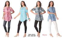 12 pieces of Rayon Open Shoulder Checkerboard Tie Dye Tops - Assorted