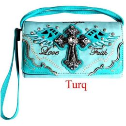 12 pieces Love & Faith Rhinestone Cross Wallet - Turquoise - Leather Wallets