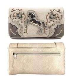 12 pieces Zelris Western Floral Horse Trifold Wallet - Beige - Leather Wallets