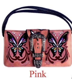 12 pieces Rhinestone Buckle Butterfly Wallet - Pink - Leather Wallets