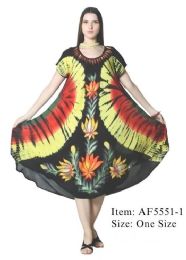 12 pieces of Rayon Tie Dye Tropical Brush Paint Dresses - Rasta Color