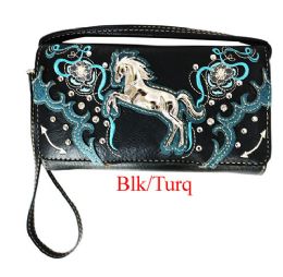 12 pieces Zelris Western Floral Horse Trifold Wallet - Black - Leather Wallets