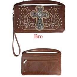 12 pieces Rhinestone Cross Scrollwork Wallet - Brown - Leather Wallets