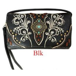 12 pieces Western Scrollwork Wallet With Concho - Black - Leather Wallets