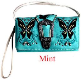 12 pieces Butterfly Rhinestone Buckle Wallet - Mint - Leather Wallets