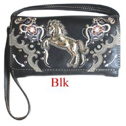 12 pieces Zelris Western Floral Horse Trifold Wallet - Black - Leather Wallets