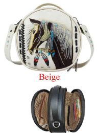 12 pieces Round Crossbody Bag Embroidery Native Horse Design Beige - Shoulder Bags & Messenger Bags