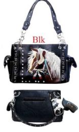 12 pieces Western Horse Embroidery Concealed Carry Purse - Black - Leather Purses and Handbags