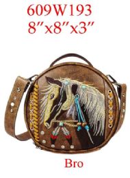 12 pieces Round Crossbody Bag Embroidery Native Horse Design Brown - Shoulder Bags & Messenger Bags