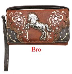 12 pieces Zelris Western Floral Horse Trifold Wallet - Brown - Leather Wallets