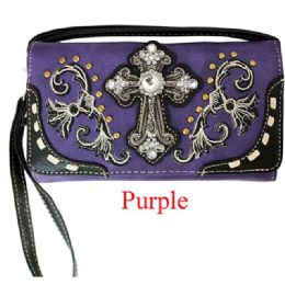 12 pieces Rhinestone Cross Scrollwork Wallet - Purple - Leather Wallets