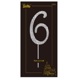 240 Pieces rhinestone cake topper #6 With stick 2x4" silver - Baking Supplies