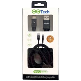 12 pieces Eg Tech 2.1a Braided 12 Foot Usb Type C Cable In Black - Chargers & Adapters