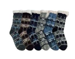 72 Pairs Anchor Design Men's Sherpa Socks Assorted Dark Colors - Mens Thermal Sock