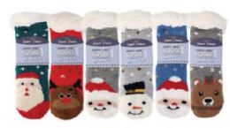 72 Pairs Kid's Cozy Santa And Friends Sherpa Socks - Kids Socks For Donation