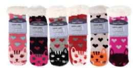 72 Pairs Kid's Heart And Kitten Sherpa Socks - Kids Socks For Donation