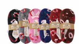 72 Pairs Holiday Candy Cane Fleece Floor Slipper - Womens Slipper Sock