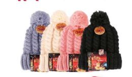 Ladies Zigzag Wave Knit With PoM-Pom Thermal Heated Hat