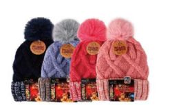 Ladies CrisS-Cross Cable Knit With PoM-Pom Thermal Heated Hat
