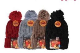 Ladies Chunky Textured Knit With PoM-Pom Thermal Heated Hat