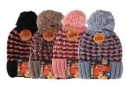 Ladies Chunky Striped Stripe Knit With PoM-Pom Thermal Heated Hat