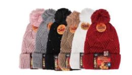 Ladies Sparkle Chevron Knit With PoM-Pom Thermal Heated Hat