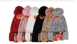 Ladies Sequin Accents Chevron Knit With PoM-Pom Thermal Heated Hat