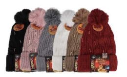 Ladies Sequin/sparkle & Braided Cable Knit With PoM-Pom Thermal Heated Hat
