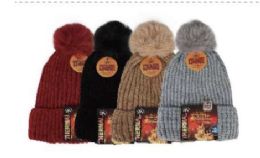 Ladies Plain Color Thick Knit With PoM-Pom Thermal Heated Hat