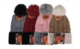 Ladies Two-Tone Cable Knit With PoM-Pom Thermal Heated Hat