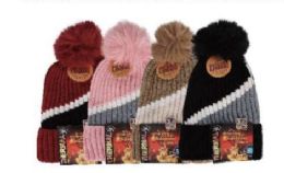 Ladies Diagonal Stripe Color Block With PoM-Pom Thermal Heated Hat