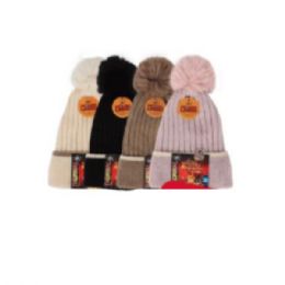 Ladies Neutral Colors Classic Ribbed Knit With PoM-Pom Thermal Heated Hat
