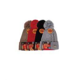 Ladies Neutral Colors Classic Ribbed Knit With PoM-Pom Thermal Heated Hat