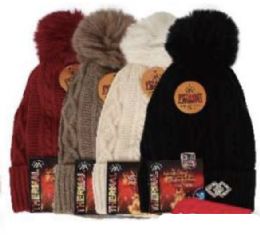 Ladies Braided Cable Knit With Sparkle Pin Detail With PoM-Pom Thermal Heated Hat